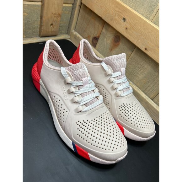 Womens Crocs LiteRide Sneakers Size 11 Beige & Red Perforated Breathable Athleti - Picture 2 of 8